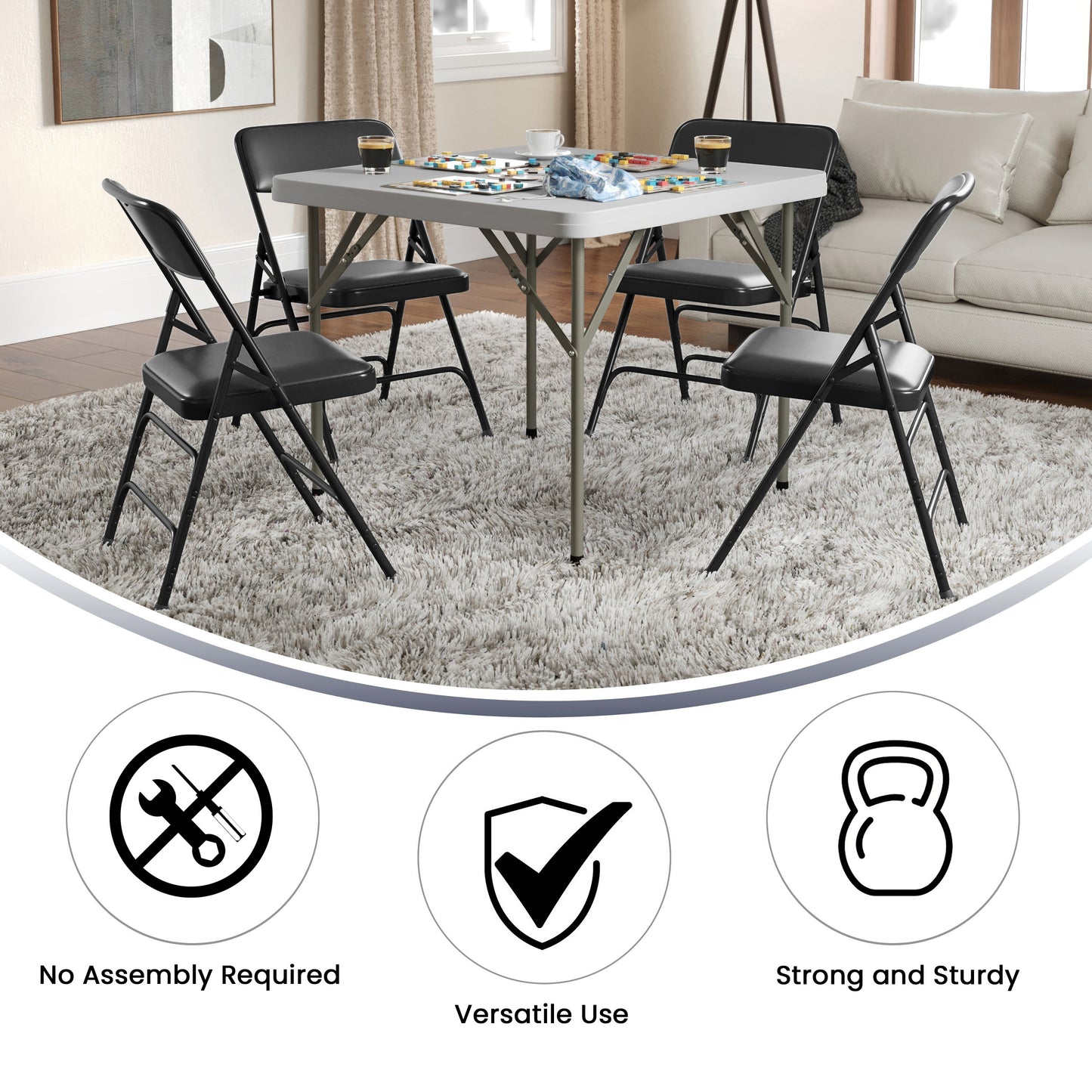 HERCULES Series Metal Folding Chairs with Padded Seats | Set of 2 Black Metal Folding Chairs Black Vinyl/Black Frame