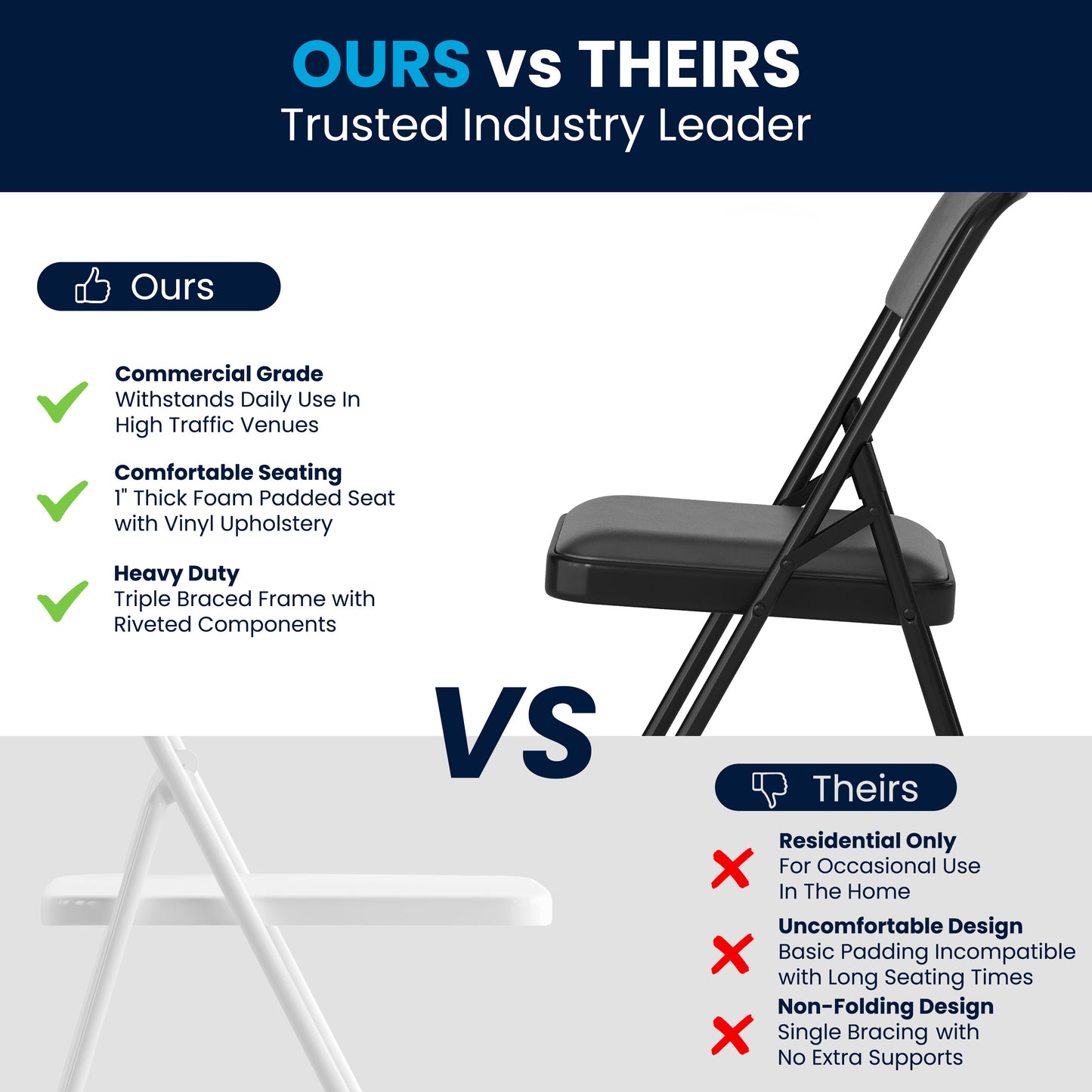 HERCULES Series Metal Folding Chairs with Padded Seats | Set of 2 Black Metal Folding Chairs Black Vinyl/Black Frame