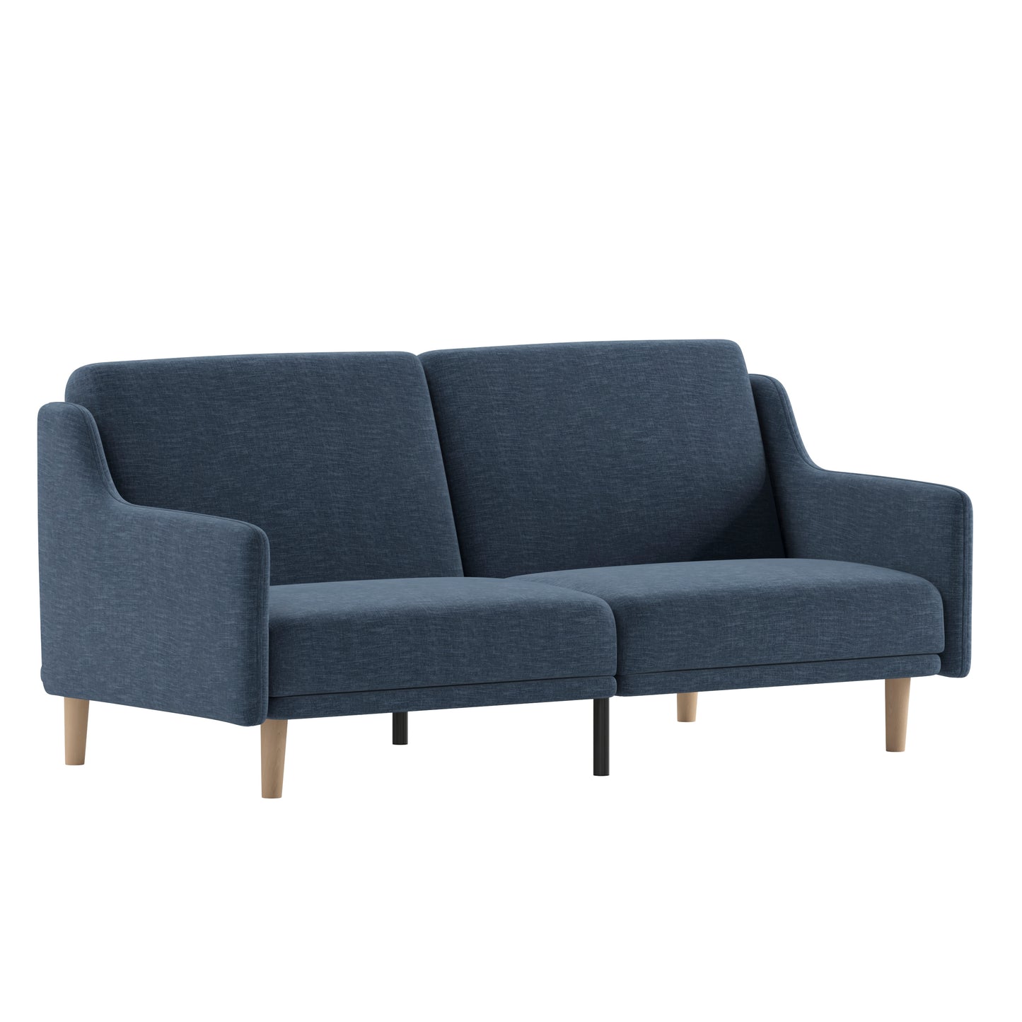 Delphine Premium Convertible Split Back Sofa Futon with Curved Armrests and Solid Wood Legs - Navy Faux Linen Upholstery Navy