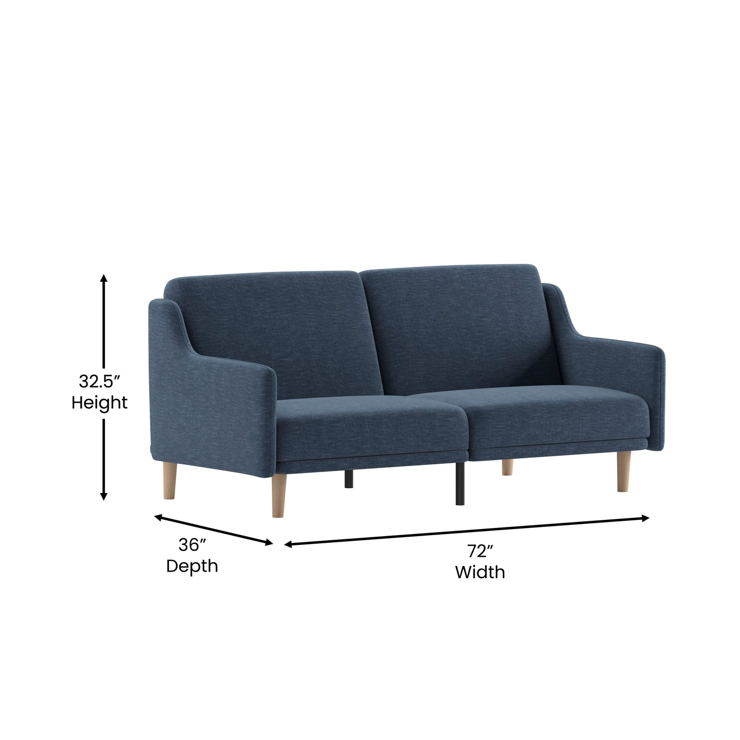 Delphine Premium Convertible Split Back Sofa Futon with Curved Armrests and Solid Wood Legs - Navy Faux Linen Upholstery Navy