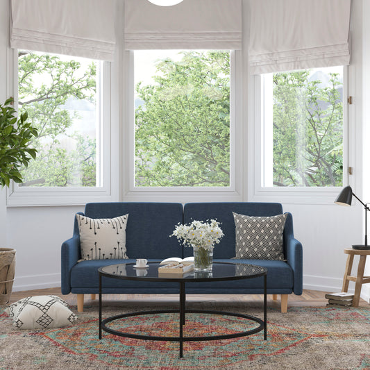 Delphine Premium Convertible Split Back Sofa Futon with Curved Armrests and Solid Wood Legs - Navy Faux Linen Upholstery Navy