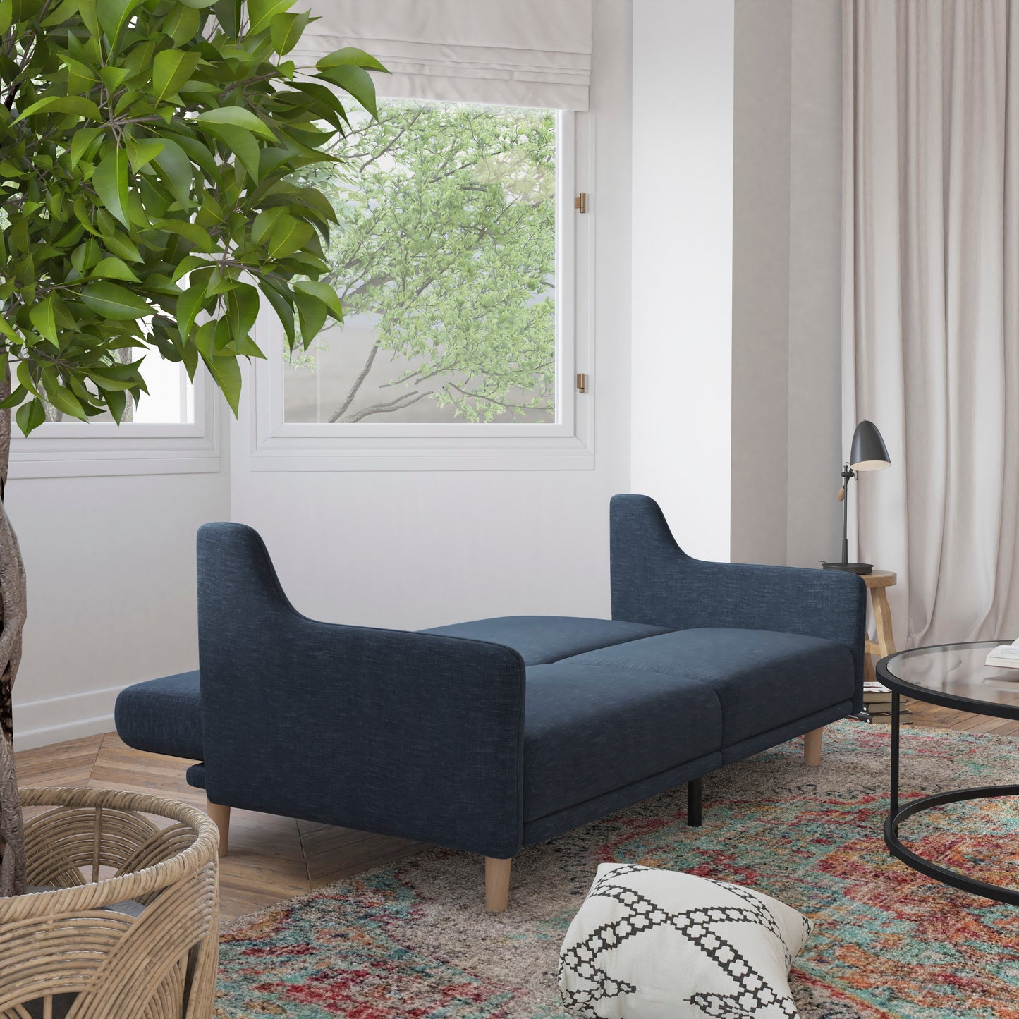 Delphine Premium Convertible Split Back Sofa Futon with Curved Armrests and Solid Wood Legs - Navy Faux Linen Upholstery Navy