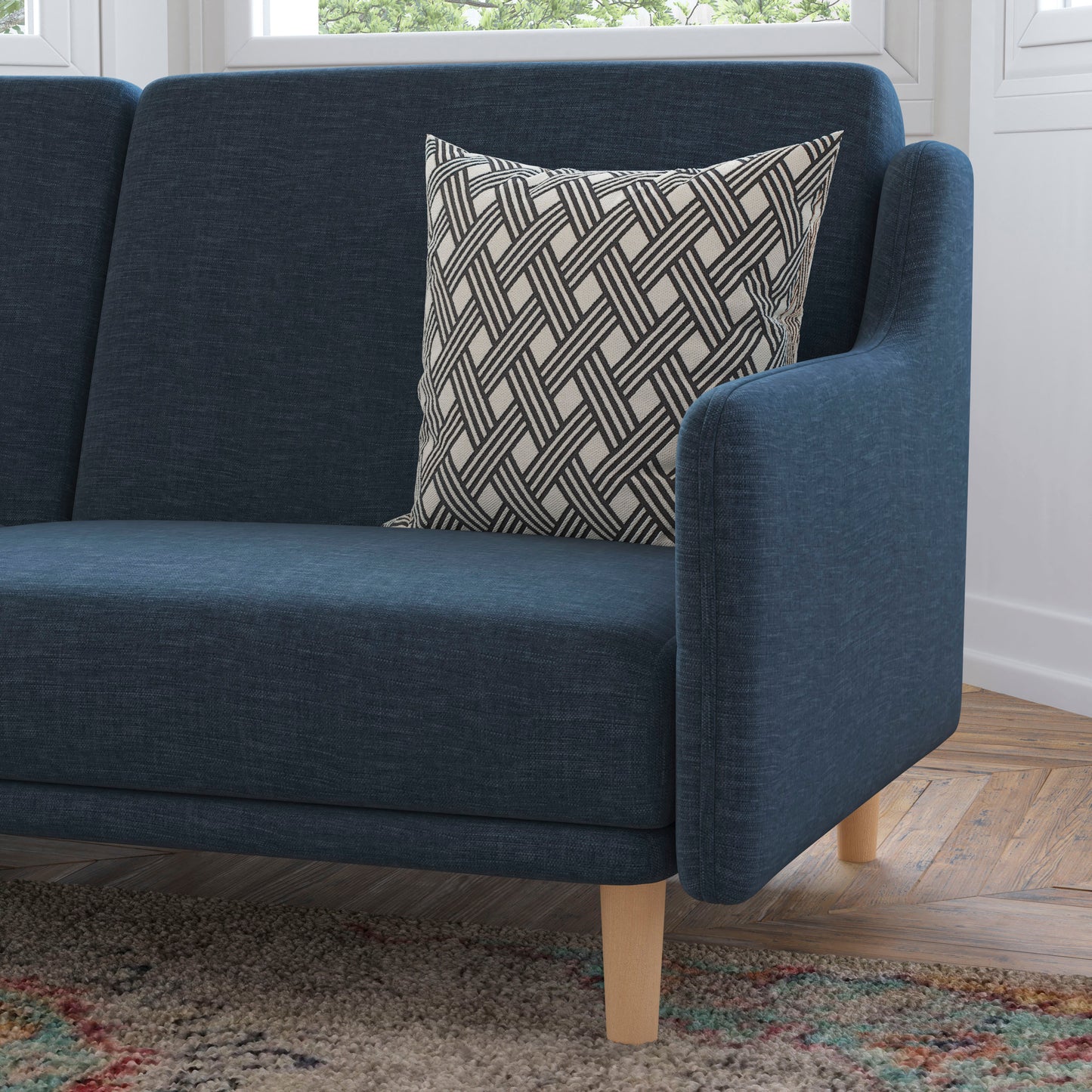 Delphine Premium Convertible Split Back Sofa Futon with Curved Armrests and Solid Wood Legs - Navy Faux Linen Upholstery Navy