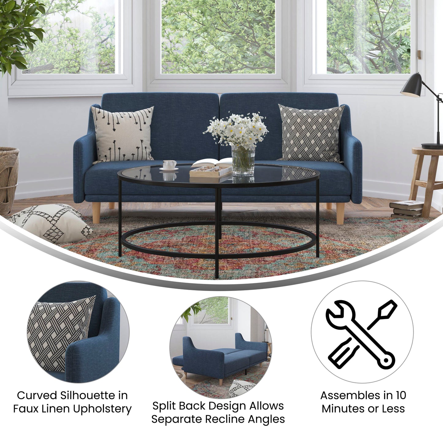 Delphine Premium Convertible Split Back Sofa Futon with Curved Armrests and Solid Wood Legs - Navy Faux Linen Upholstery Navy