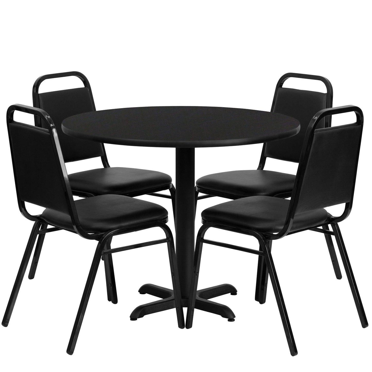 Carlton 36'' Round Black Laminate Table Set with X-Base and 4 Black Trapezoidal Back Banquet Chairs Black Top/Black Vinyl Seat