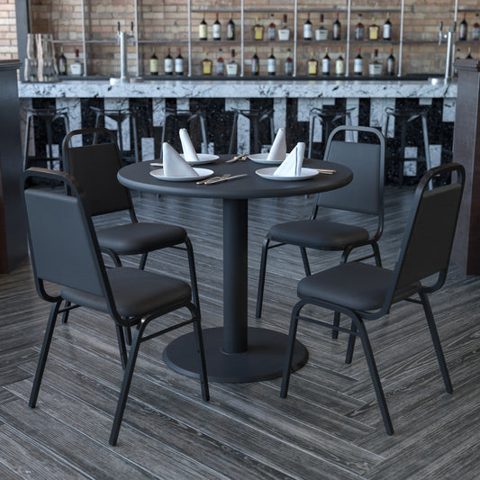 Carlton 36'' Round Black Laminate Table Set with X-Base and 4 Black Trapezoidal Back Banquet Chairs Black Top/Black Vinyl Seat