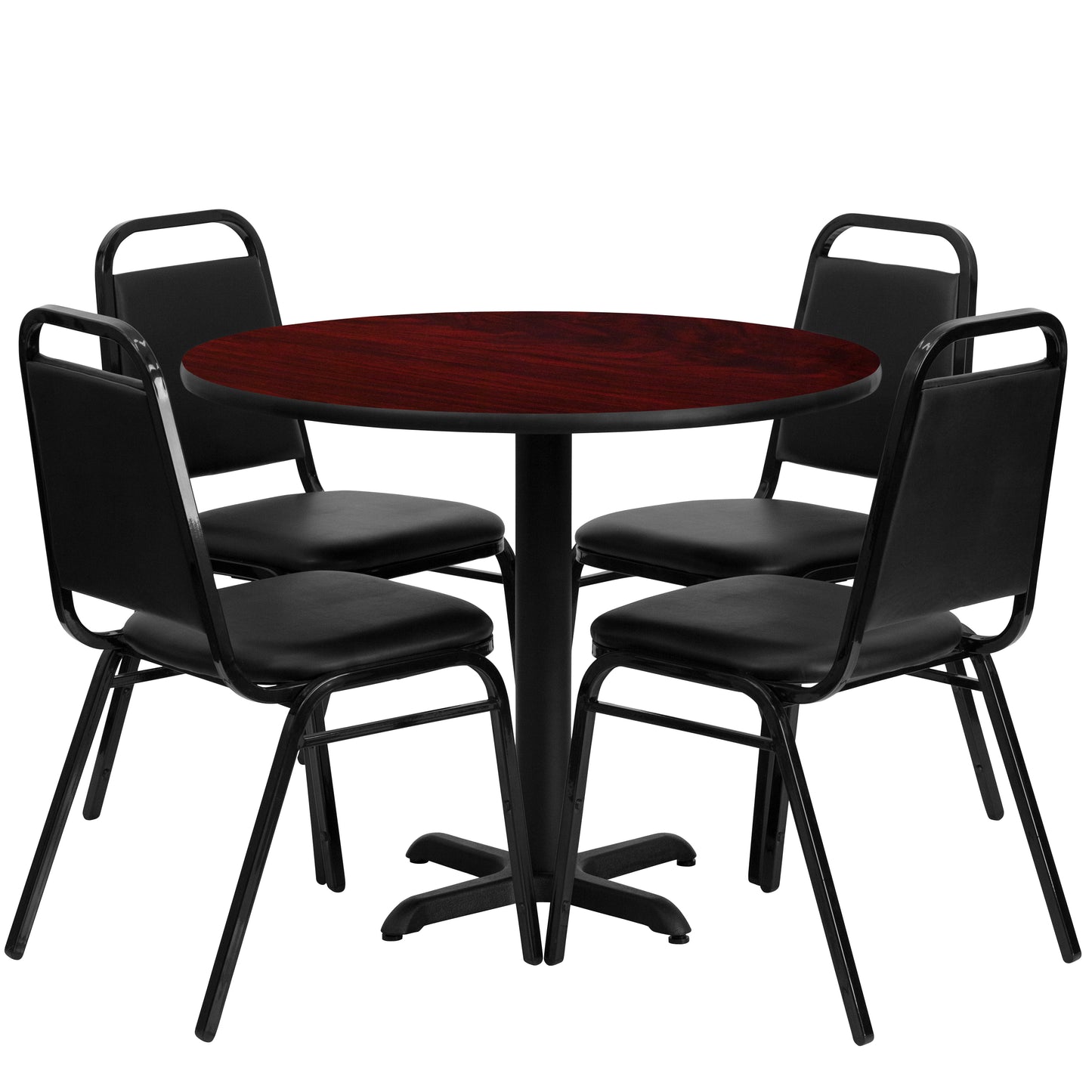 Carlton 36'' Round Mahogany Laminate Table Set with X-Base and 4 Black Trapezoidal Back Banquet Chairs Mahogany Top/Black Vinyl Seat