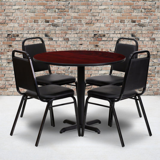 Carlton 36'' Round Mahogany Laminate Table Set with X-Base and 4 Black Trapezoidal Back Banquet Chairs Mahogany Top/Black Vinyl Seat