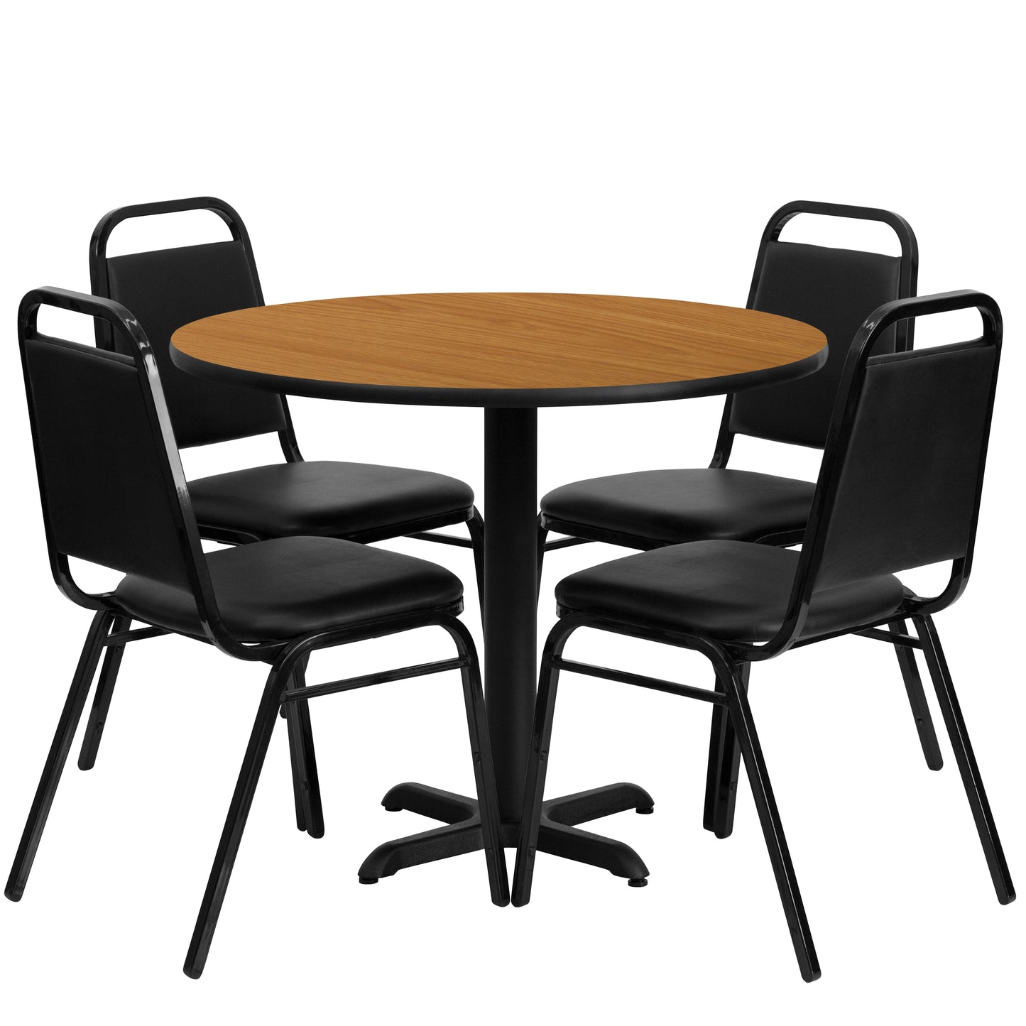 Carlton 36'' Round Natural Laminate Table Set with X-Base and 4 Black Trapezoidal Back Banquet Chairs Natural Top/Black Vinyl Seat