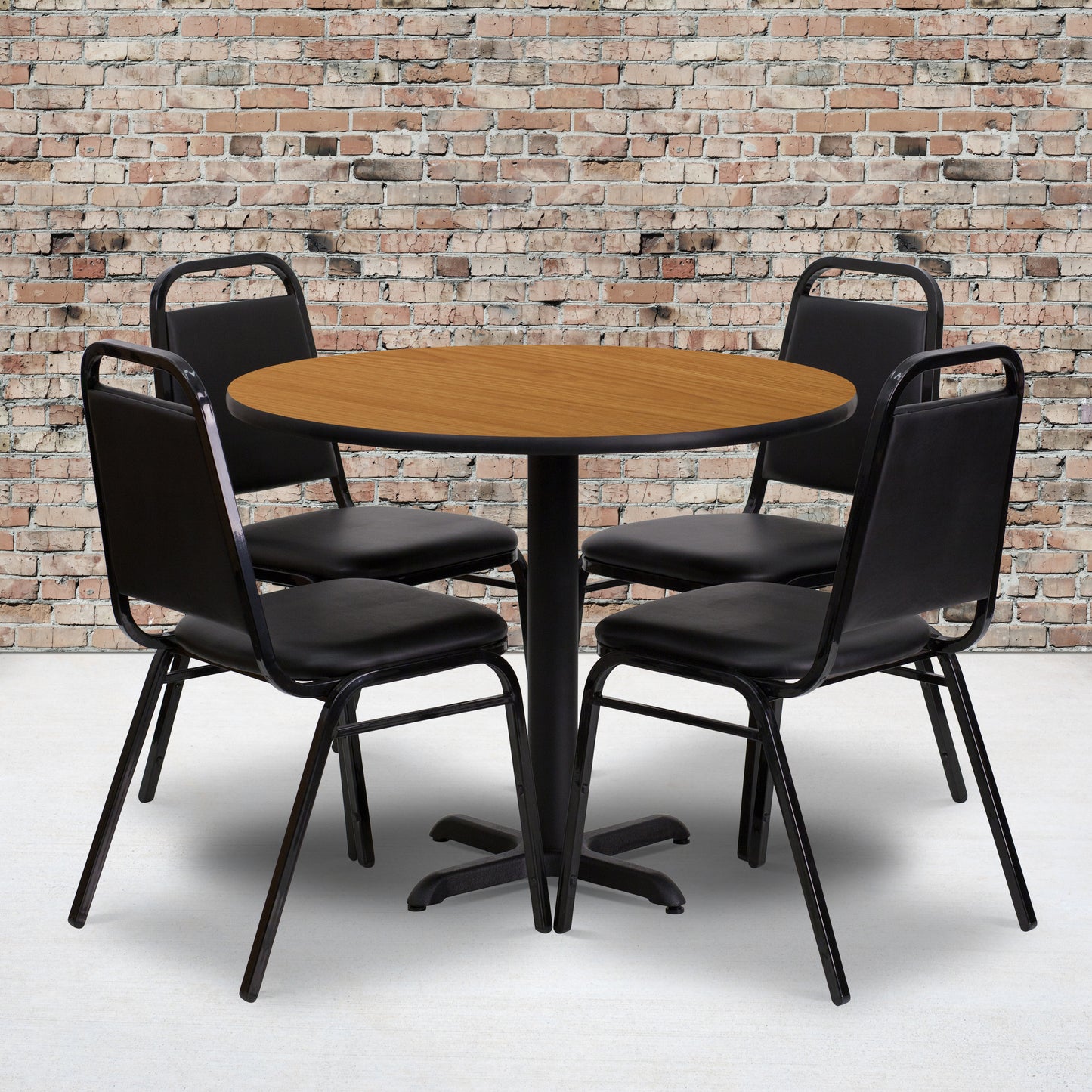 Carlton 36'' Round Natural Laminate Table Set with X-Base and 4 Black Trapezoidal Back Banquet Chairs Natural Top/Black Vinyl Seat