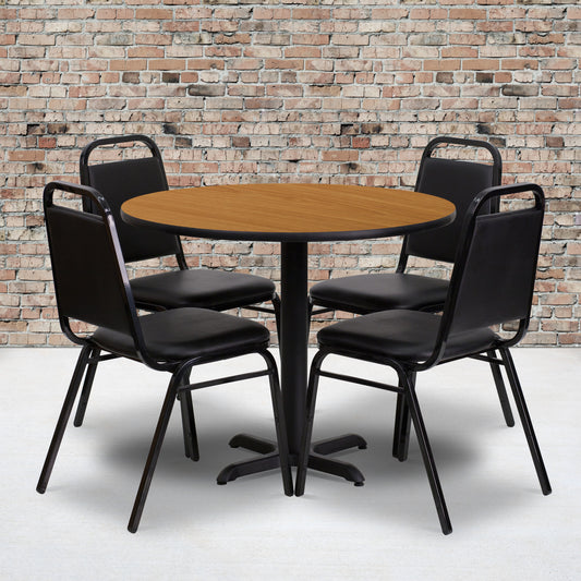 Carlton 36'' Round Natural Laminate Table Set with X-Base and 4 Black Trapezoidal Back Banquet Chairs Natural Top/Black Vinyl Seat