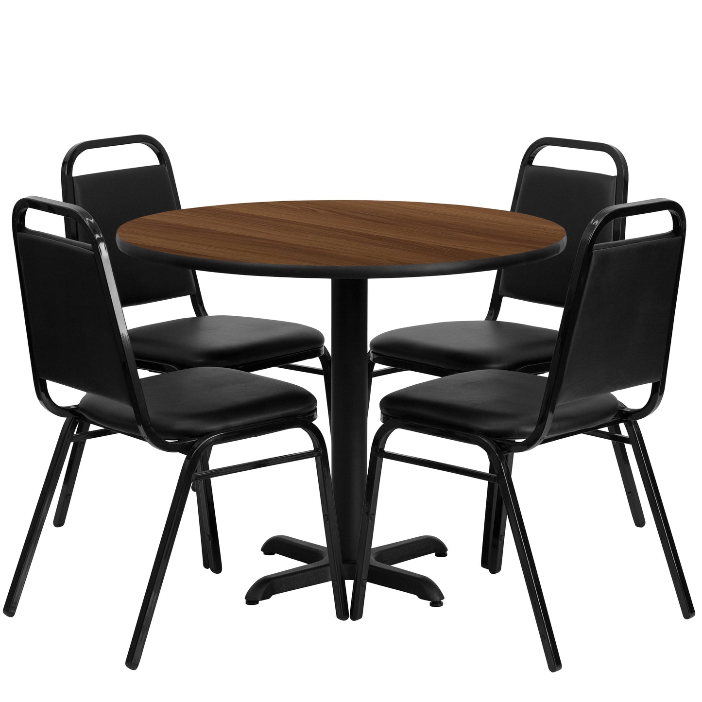 Carlton 36'' Round Walnut Laminate Table Set with X-Base and 4 Black Trapezoidal Back Banquet Chairs Walnut Top/Black Vinyl Seat
