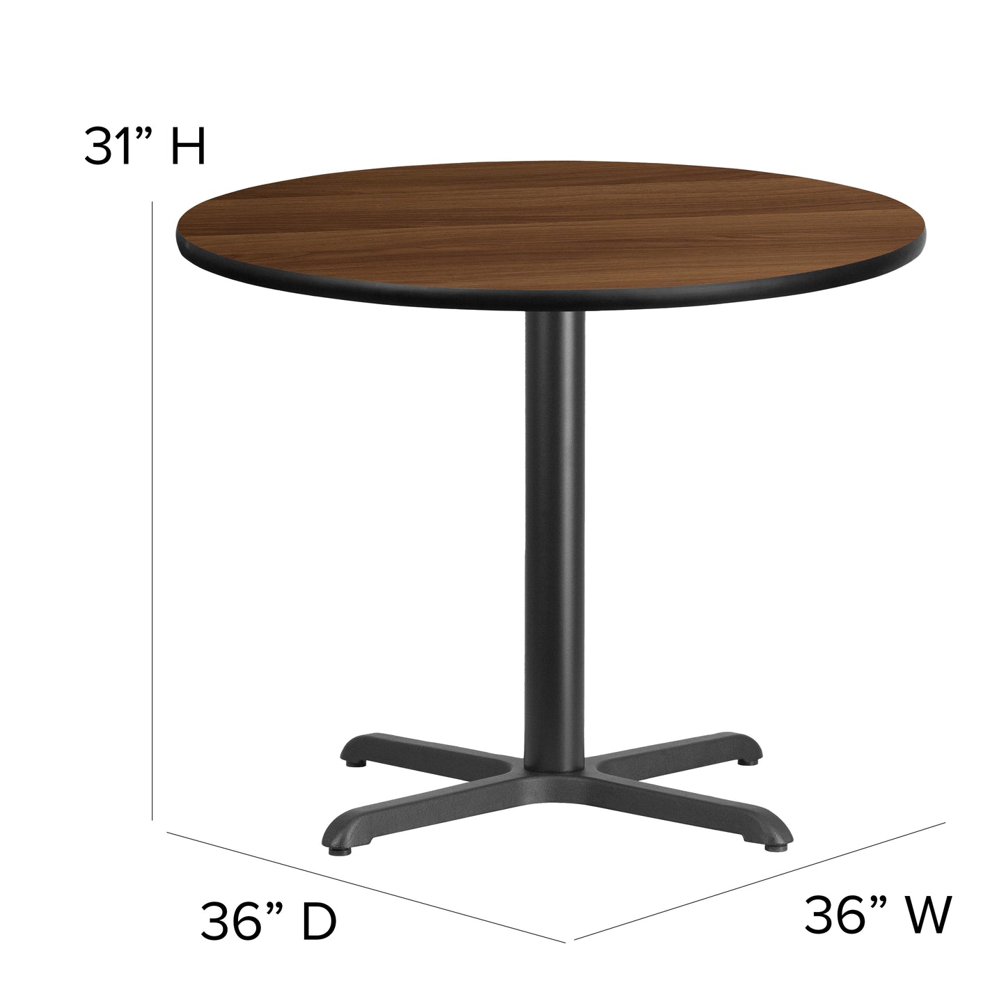 Carlton 36'' Round Walnut Laminate Table Set with X-Base and 4 Black Trapezoidal Back Banquet Chairs Walnut Top/Black Vinyl Seat