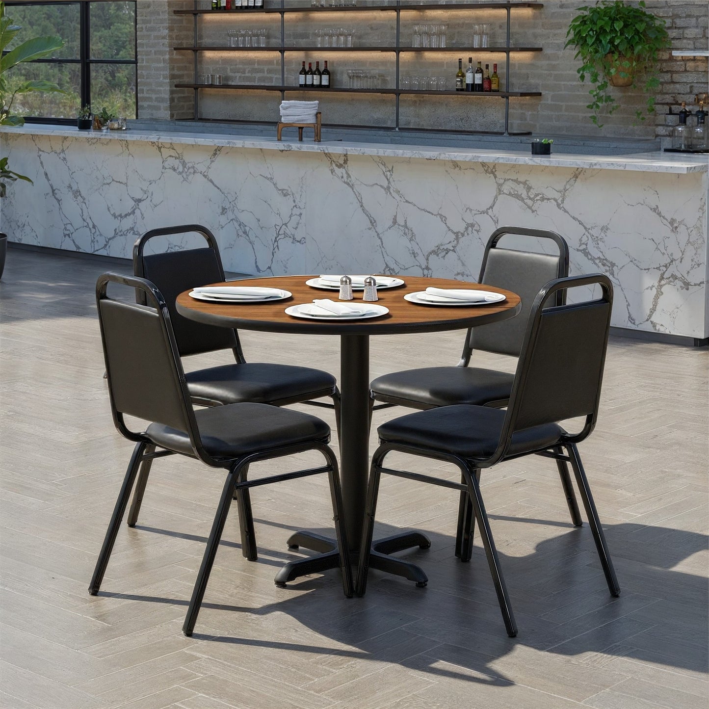 Carlton 36'' Round Walnut Laminate Table Set with X-Base and 4 Black Trapezoidal Back Banquet Chairs Walnut Top/Black Vinyl Seat