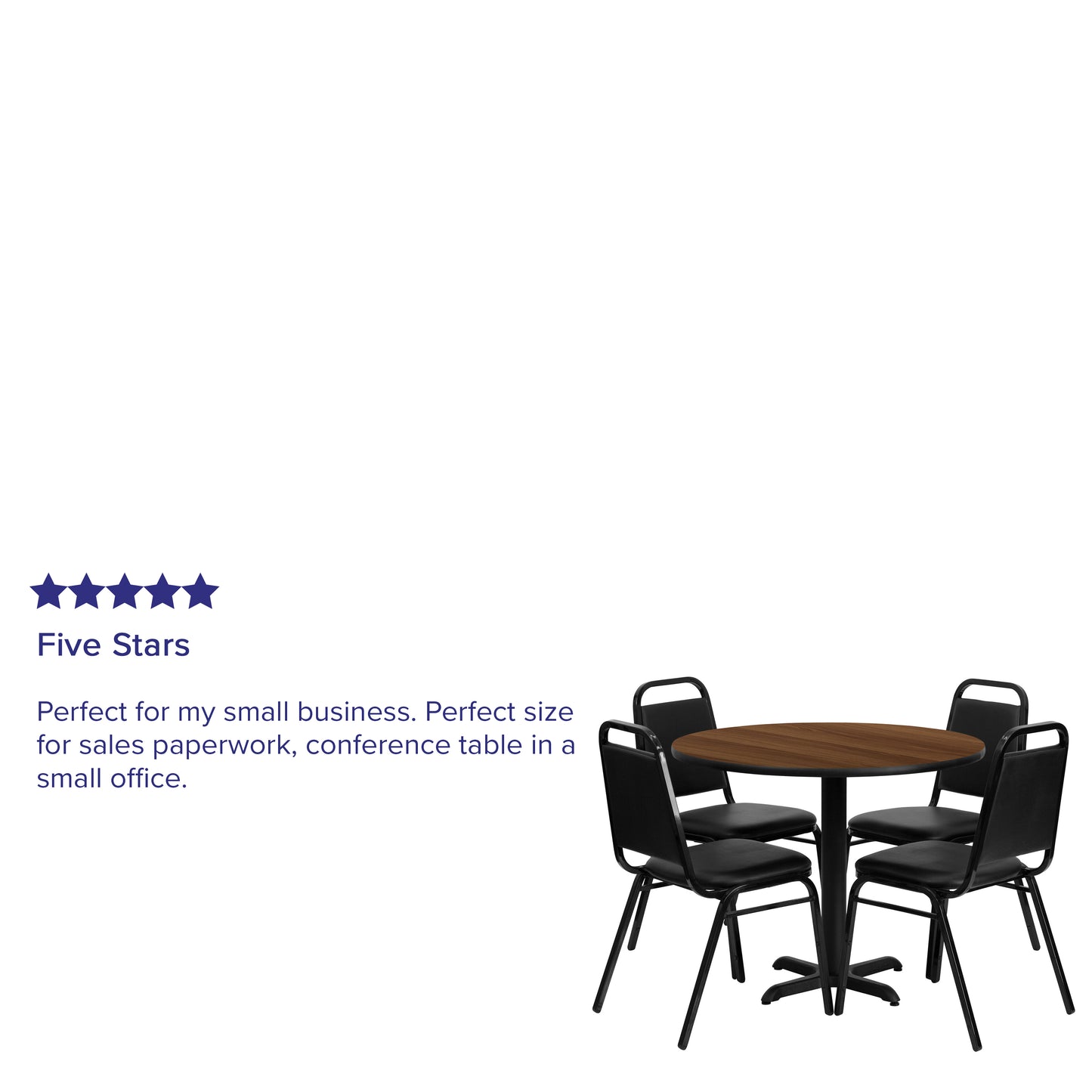 Carlton 36'' Round Walnut Laminate Table Set with X-Base and 4 Black Trapezoidal Back Banquet Chairs Walnut Top/Black Vinyl Seat