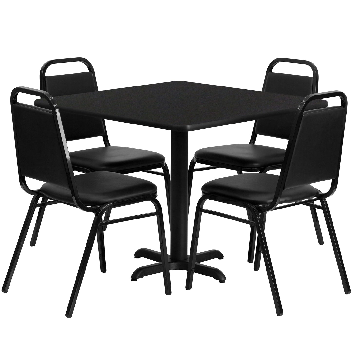 Carlton 36'' Square Black Laminate Table Set with X-Base and 4 Black Trapezoidal Back Banquet Chairs Black Top/Black Vinyl Seat
