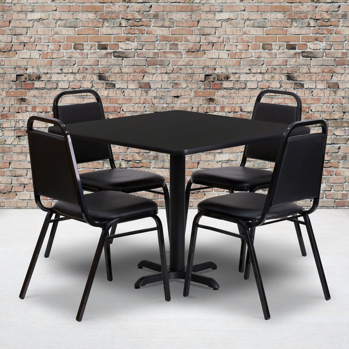 Carlton 36'' Square Black Laminate Table Set with X-Base and 4 Black Trapezoidal Back Banquet Chairs Black Top/Black Vinyl Seat