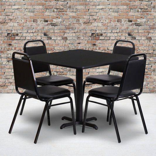 Carlton 36'' Square Black Laminate Table Set with X-Base and 4 Black Trapezoidal Back Banquet Chairs Black Top/Black Vinyl Seat