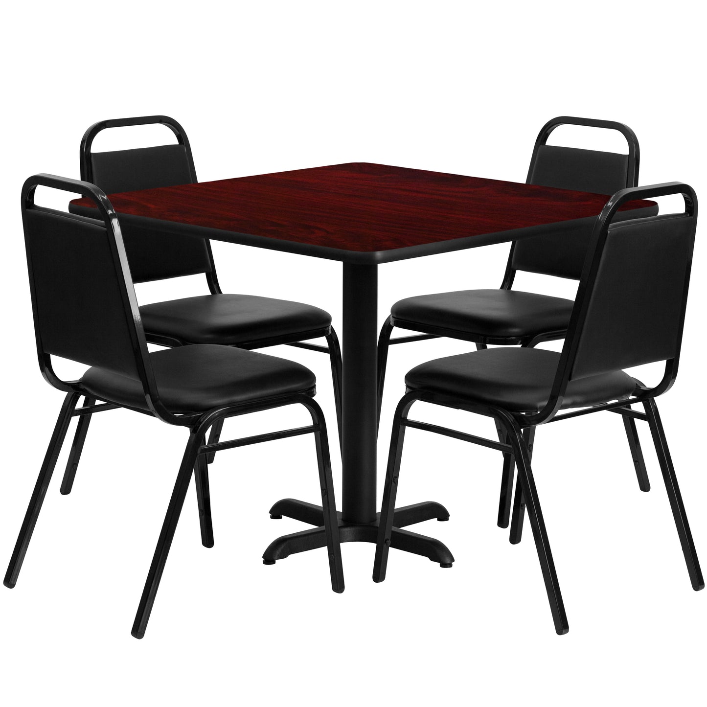 Carlton 36'' Square Mahogany Laminate Table Set with X-Base and 4 Black Trapezoidal Back Banquet Chairs Mahogany Top/Black Vinyl Seat