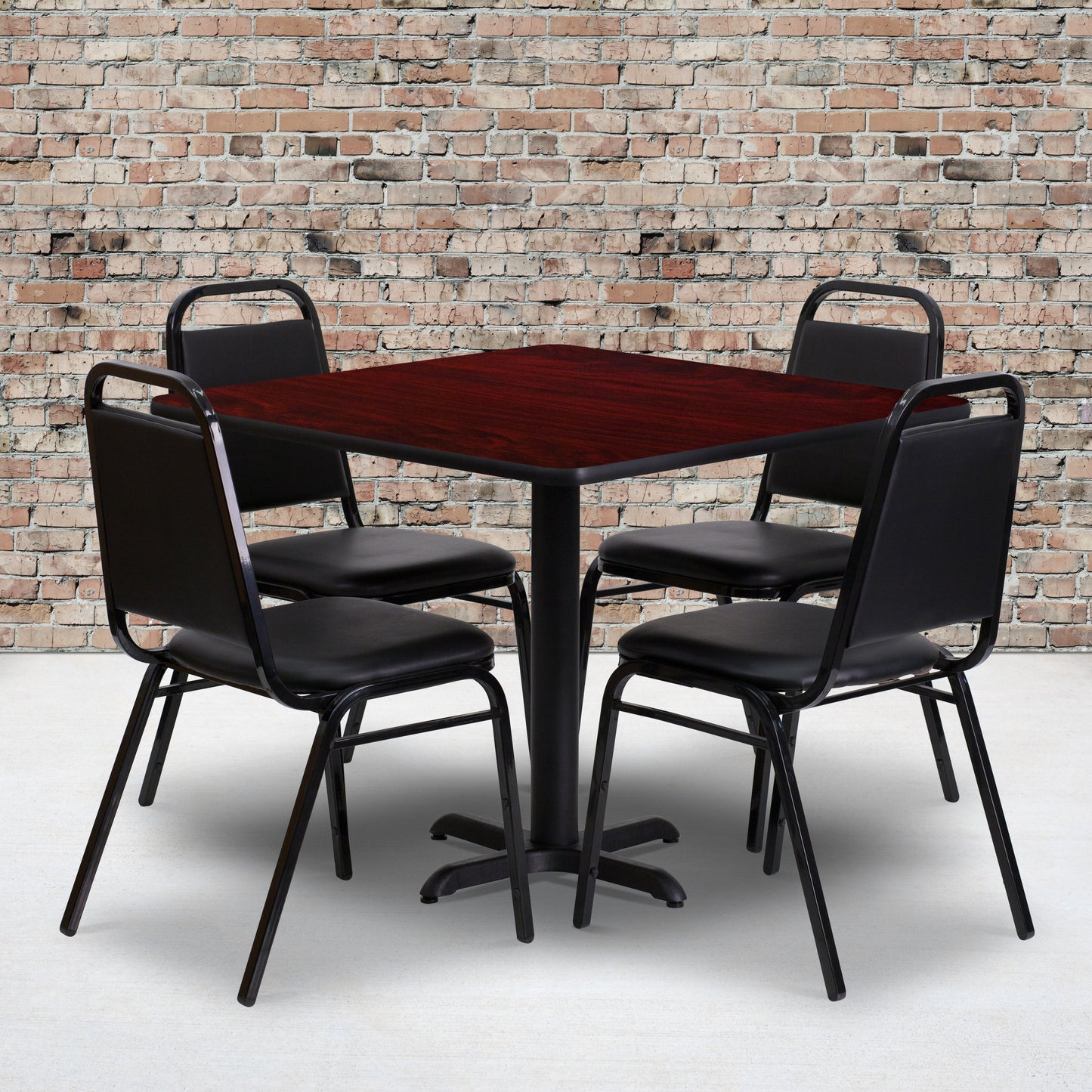 Carlton 36'' Square Mahogany Laminate Table Set with X-Base and 4 Black Trapezoidal Back Banquet Chairs Mahogany Top/Black Vinyl Seat