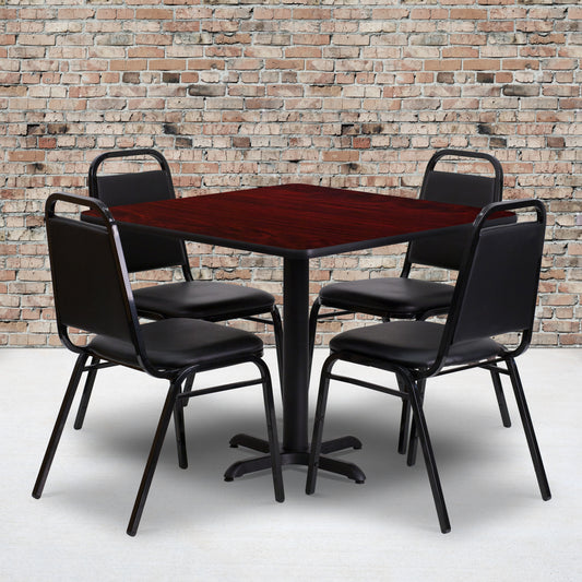 Carlton 36'' Square Mahogany Laminate Table Set with X-Base and 4 Black Trapezoidal Back Banquet Chairs Mahogany Top/Black Vinyl Seat