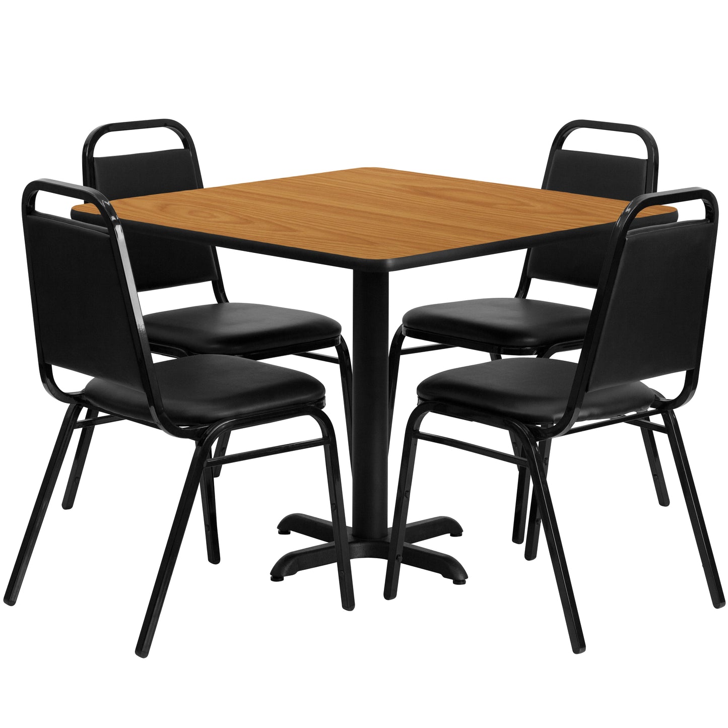 Carlton 36'' Square Natural Laminate Table Set with X-Base and 4 Black Trapezoidal Back Banquet Chairs Natural Top/Black Vinyl Seat