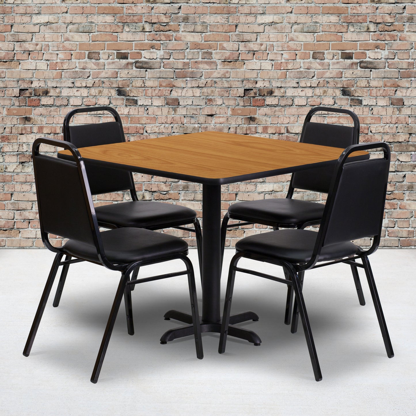 Carlton 36'' Square Natural Laminate Table Set with X-Base and 4 Black Trapezoidal Back Banquet Chairs Natural Top/Black Vinyl Seat