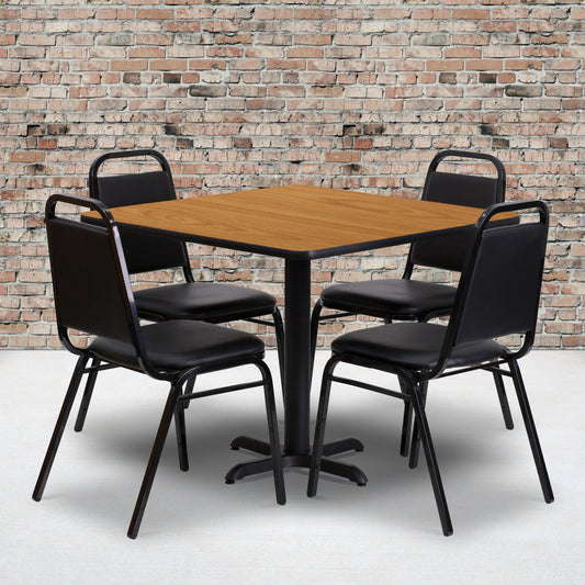 Carlton 36'' Square Natural Laminate Table Set with X-Base and 4 Black Trapezoidal Back Banquet Chairs Natural Top/Black Vinyl Seat