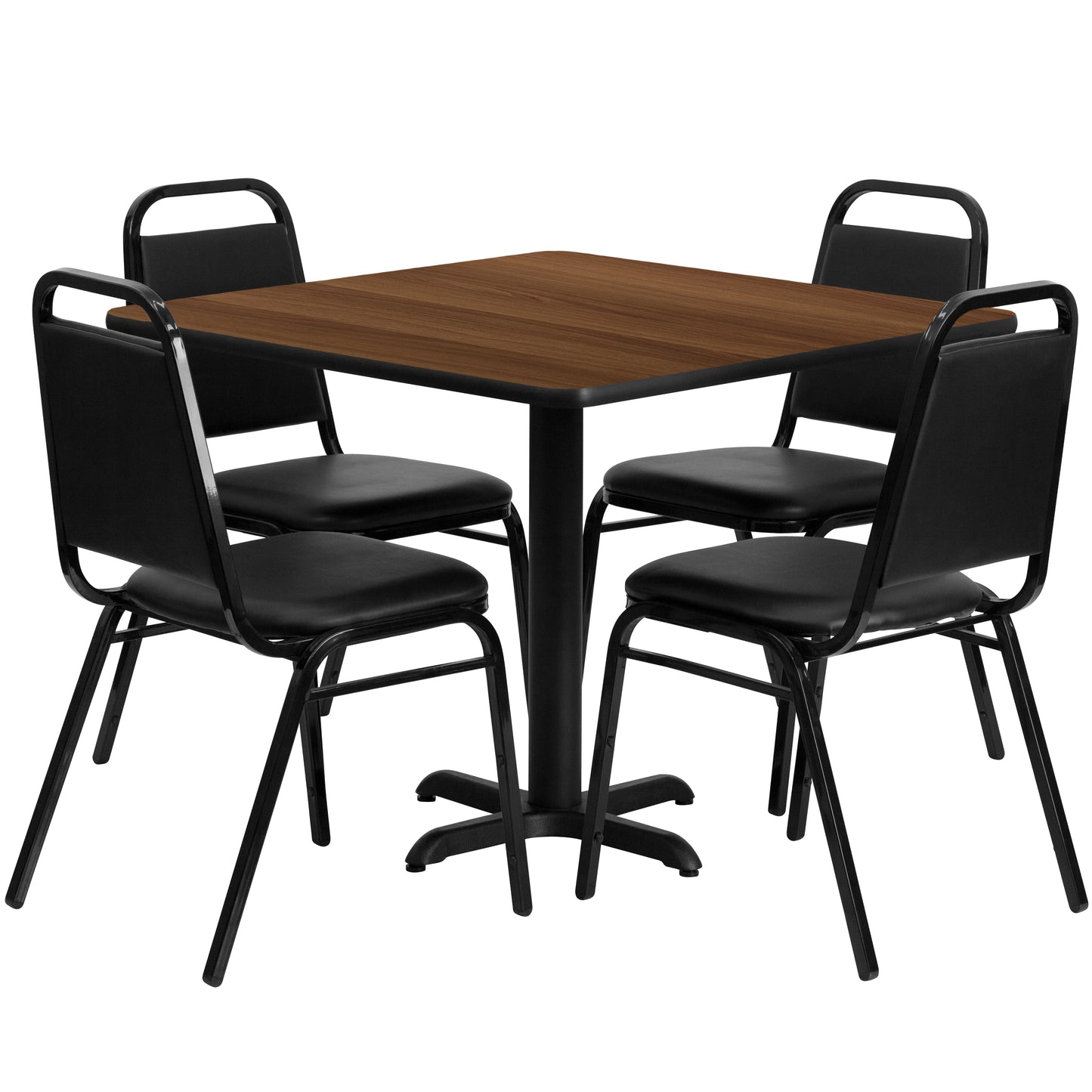 Carlton 36'' Square Walnut Laminate Table Set with X-Base and 4 Black Trapezoidal Back Banquet Chairs Walnut Top/Black Vinyl Seat
