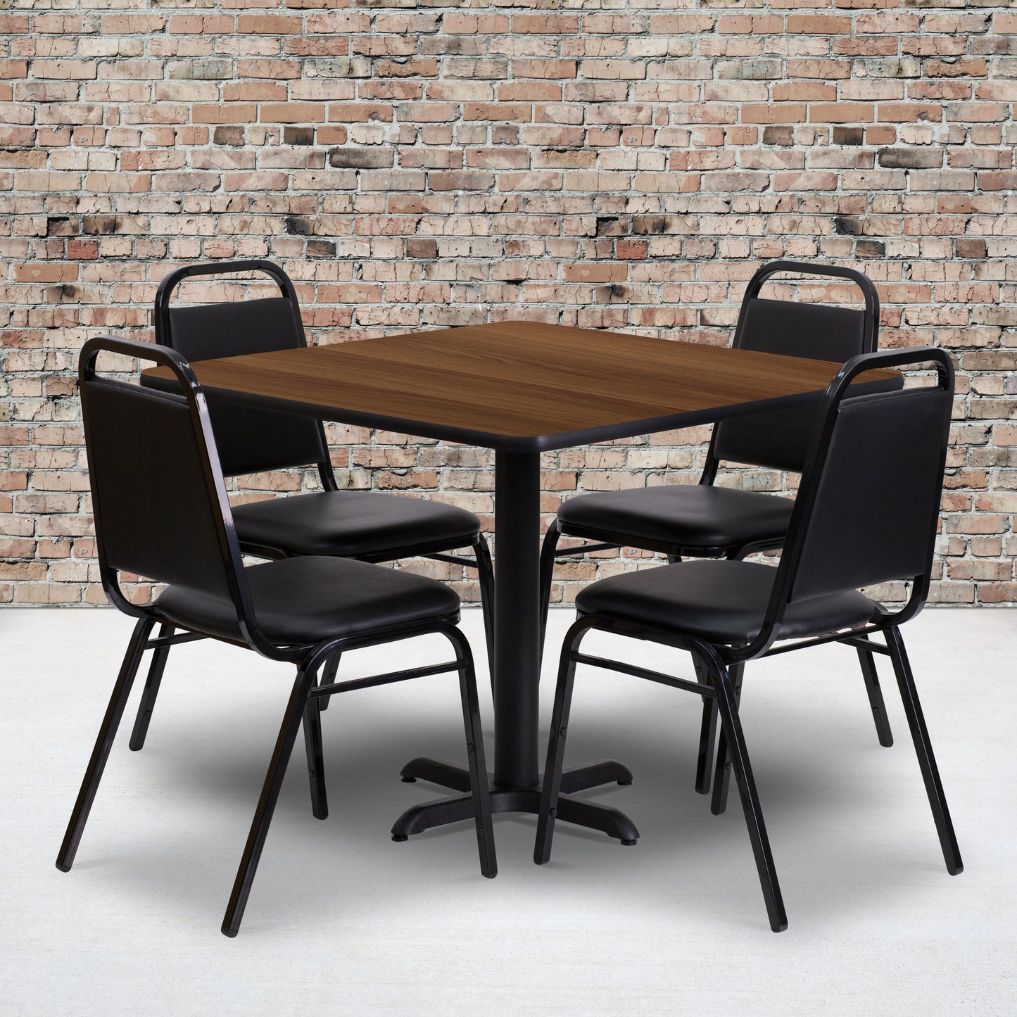 Carlton 36'' Square Walnut Laminate Table Set with X-Base and 4 Black Trapezoidal Back Banquet Chairs Walnut Top/Black Vinyl Seat