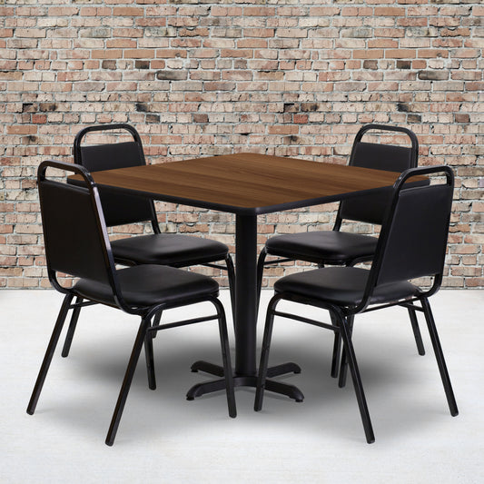 Carlton 36'' Square Walnut Laminate Table Set with X-Base and 4 Black Trapezoidal Back Banquet Chairs Walnut Top/Black Vinyl Seat