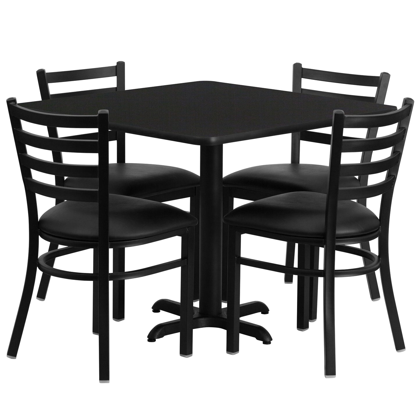 Carlton 36'' Square Black Laminate Table Set with X-Base and 4 Ladder Back Metal Chairs - Black Vinyl Seat Black Top/Black Vinyl Seat