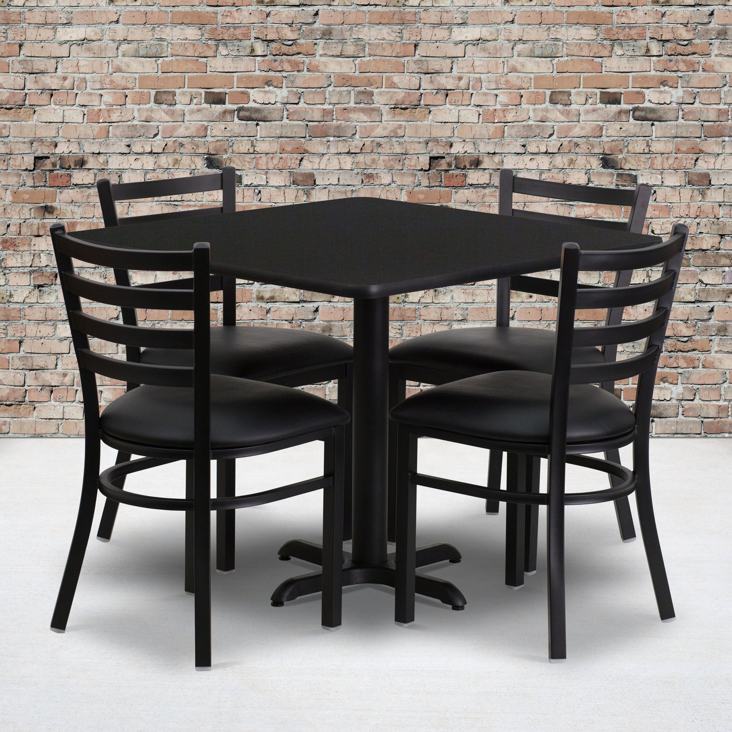 Carlton 36'' Square Black Laminate Table Set with X-Base and 4 Ladder Back Metal Chairs - Black Vinyl Seat Black Top/Black Vinyl Seat