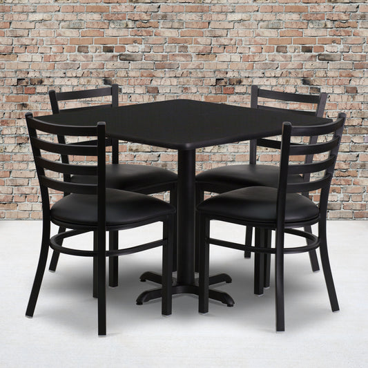 Carlton 36'' Square Black Laminate Table Set with X-Base and 4 Ladder Back Metal Chairs - Black Vinyl Seat Black Top/Black Vinyl Seat