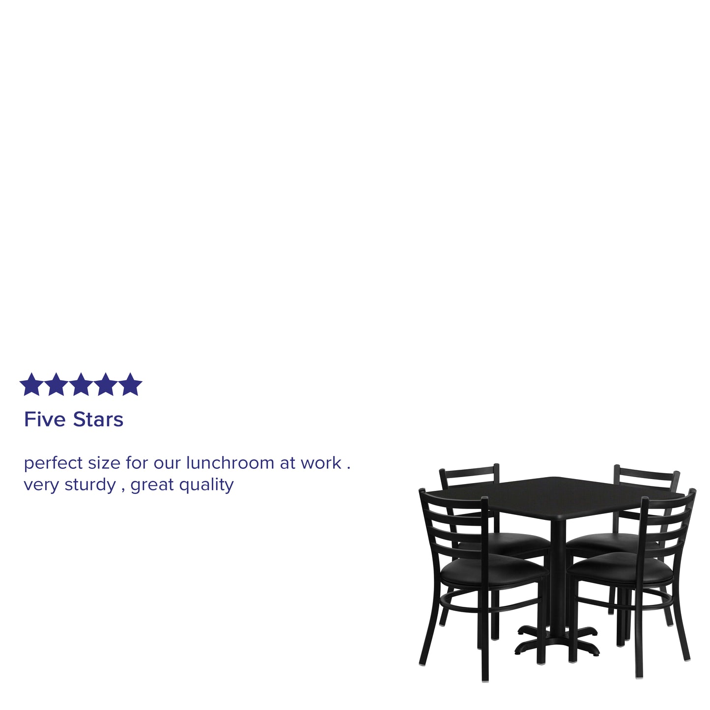 Carlton 36'' Square Black Laminate Table Set with X-Base and 4 Ladder Back Metal Chairs - Black Vinyl Seat Black Top/Black Vinyl Seat