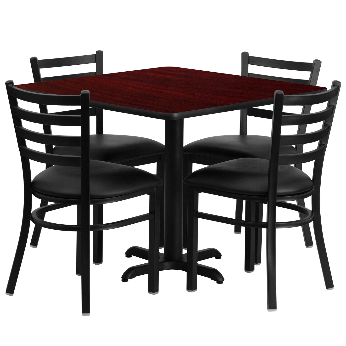 Carlton 36'' Square Mahogany Laminate Table Set with X-Base and 4 Ladder Back Metal Chairs - Black Vinyl Seat Mahogany Top/Black Vinyl Seat