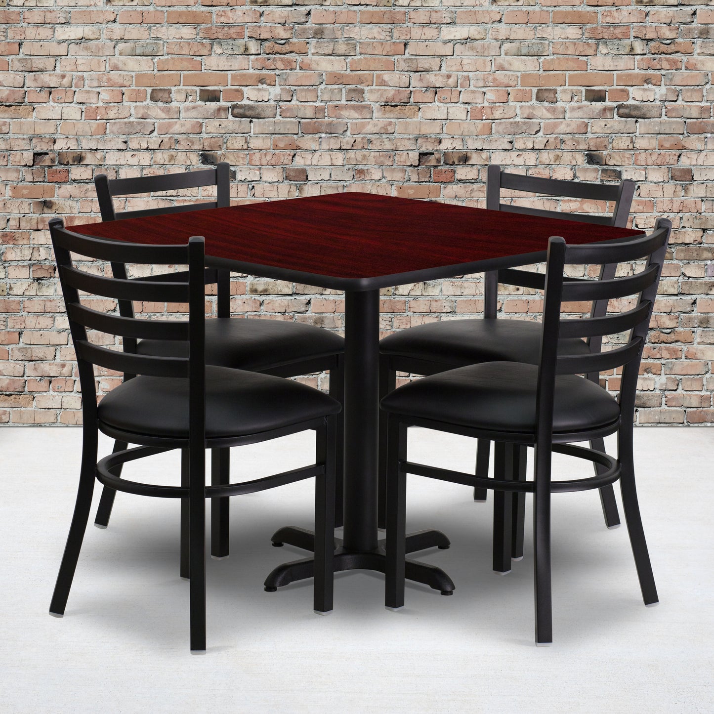 Carlton 36'' Square Mahogany Laminate Table Set with X-Base and 4 Ladder Back Metal Chairs - Black Vinyl Seat Mahogany Top/Black Vinyl Seat