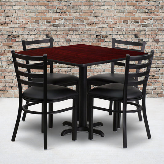 Carlton 36'' Square Mahogany Laminate Table Set with X-Base and 4 Ladder Back Metal Chairs - Black Vinyl Seat Mahogany Top/Black Vinyl Seat