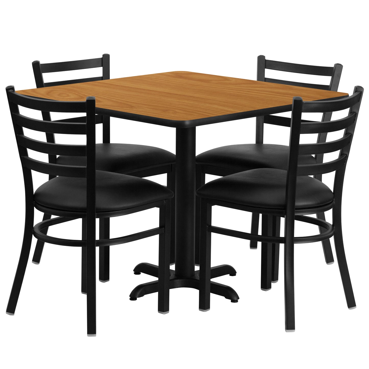 Carlton 36'' Square Natural Laminate Table Set with X-Base and 4 Ladder Back Metal Chairs - Black Vinyl Seat Natural Top/Black Vinyl Seat