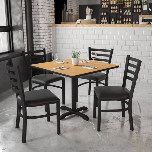 Carlton 36'' Square Natural Laminate Table Set with X-Base and 4 Ladder Back Metal Chairs - Black Vinyl Seat Natural Top/Black Vinyl Seat