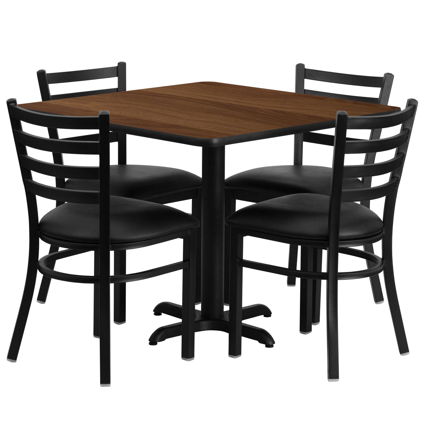 Carlton 36'' Square Walnut Laminate Table Set with X-Base and 4 Ladder Back Metal Chairs - Black Vinyl Seat Walnut Top/Black Vinyl Seat