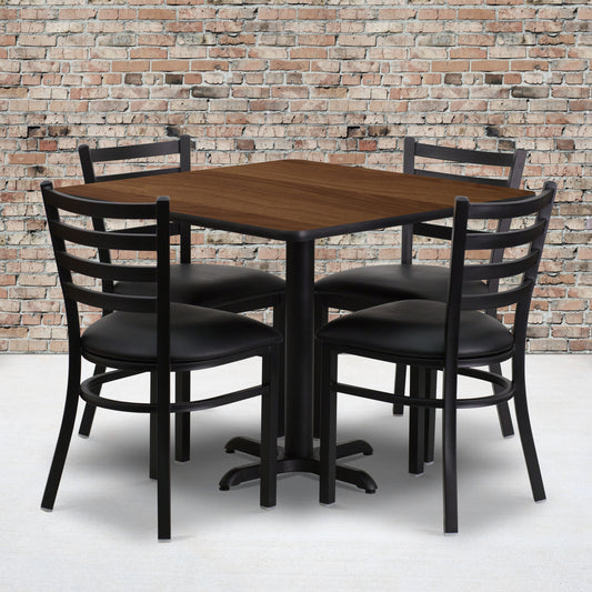 Carlton 36'' Square Walnut Laminate Table Set with X-Base and 4 Ladder Back Metal Chairs - Black Vinyl Seat Walnut Top/Black Vinyl Seat