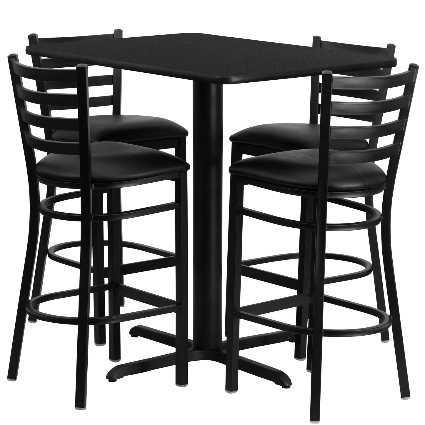 Carlton 24''W x 42''L Rectangular Black Laminate Table Set with 4 Ladder Back Metal Barstools - Black Vinyl Seat Black Top/Black Vinyl Seat