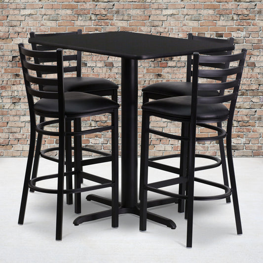 Carlton 24''W x 42''L Rectangular Black Laminate Table Set with 4 Ladder Back Metal Barstools - Black Vinyl Seat Black Top/Black Vinyl Seat
