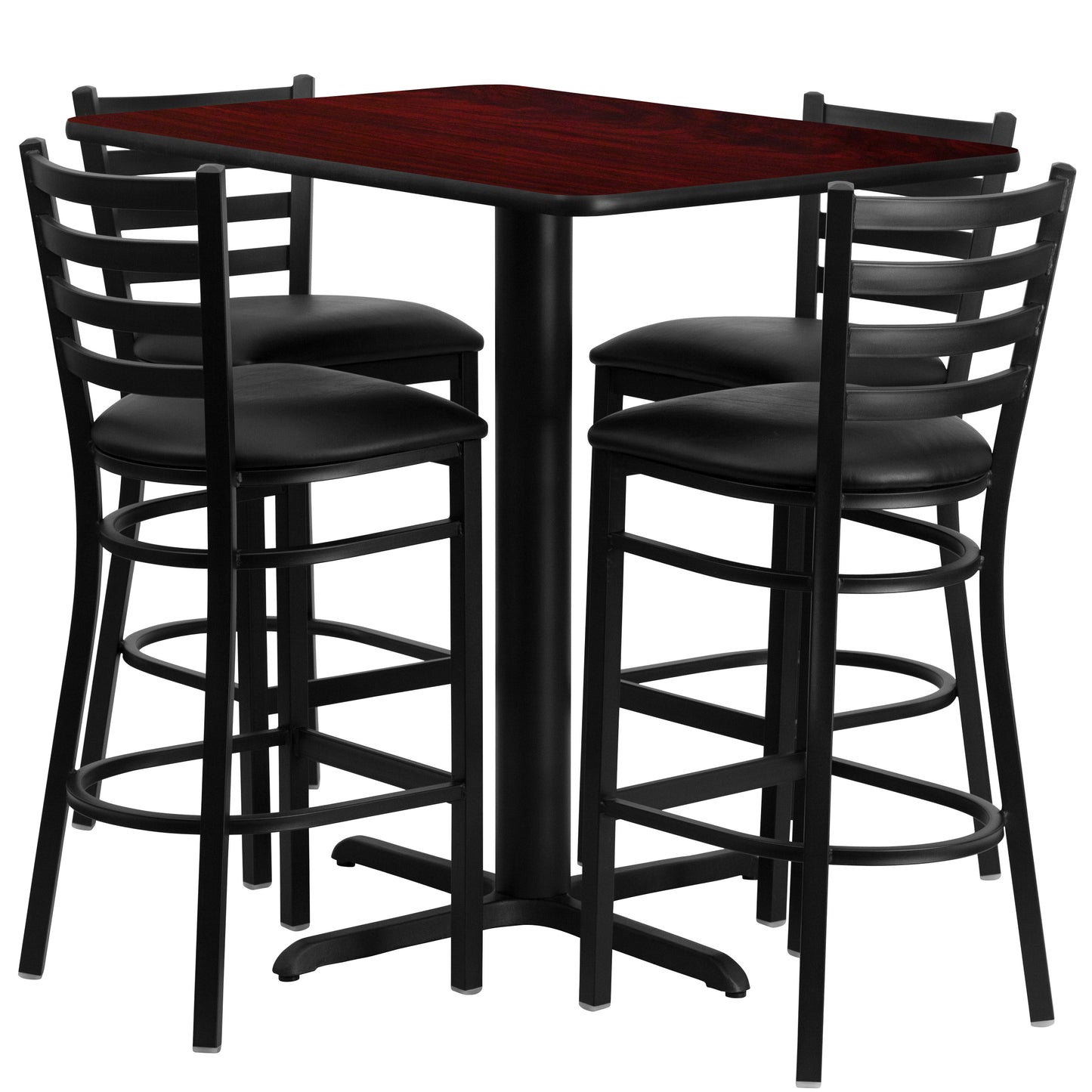 Carlton 24''W x 42''L Rectangular Mahogany Laminate Table Set with 4 Ladder Back Metal Barstools - Black Vinyl Seat Mahogany Top/Black Vinyl Seat