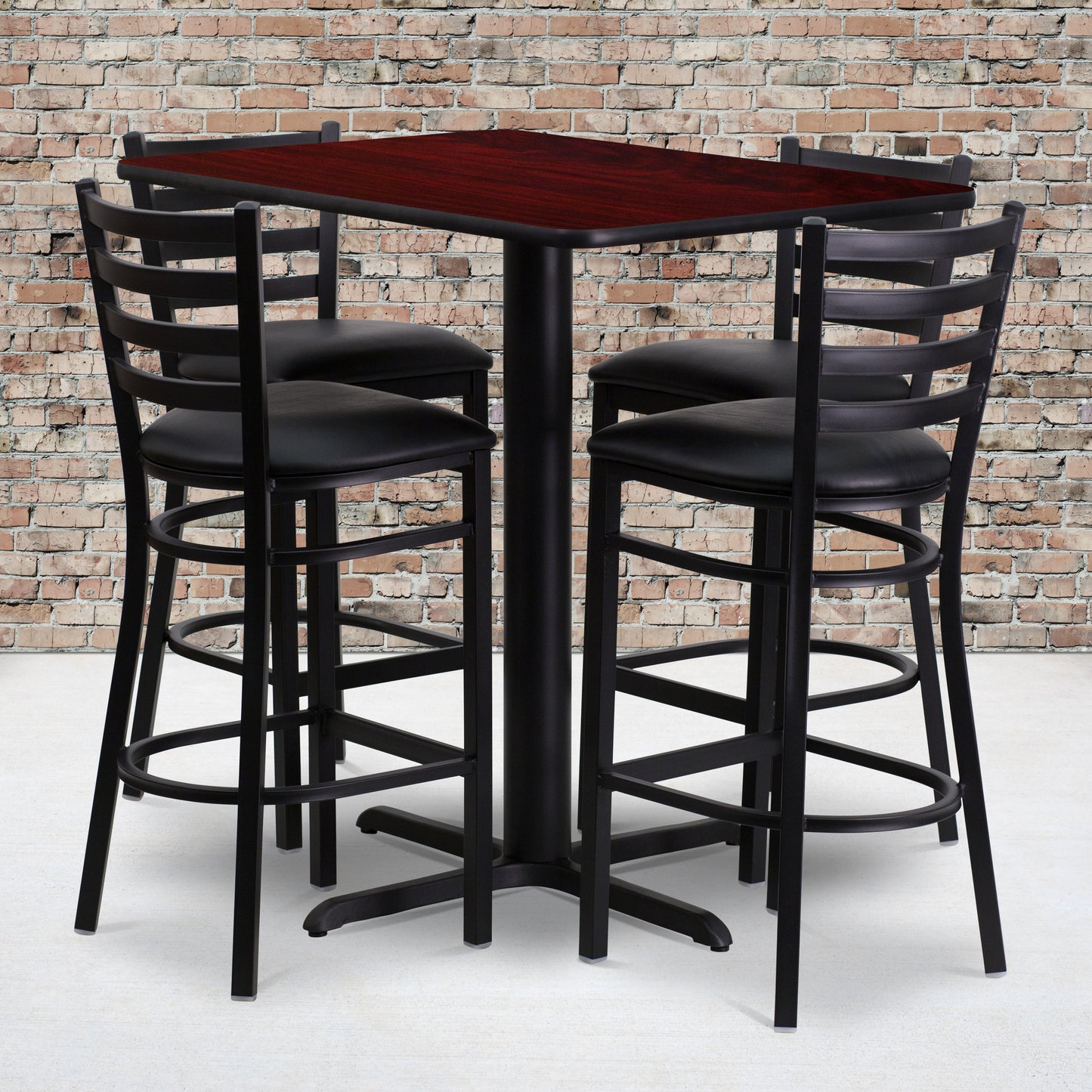 Carlton 24''W x 42''L Rectangular Mahogany Laminate Table Set with 4 Ladder Back Metal Barstools - Black Vinyl Seat Mahogany Top/Black Vinyl Seat