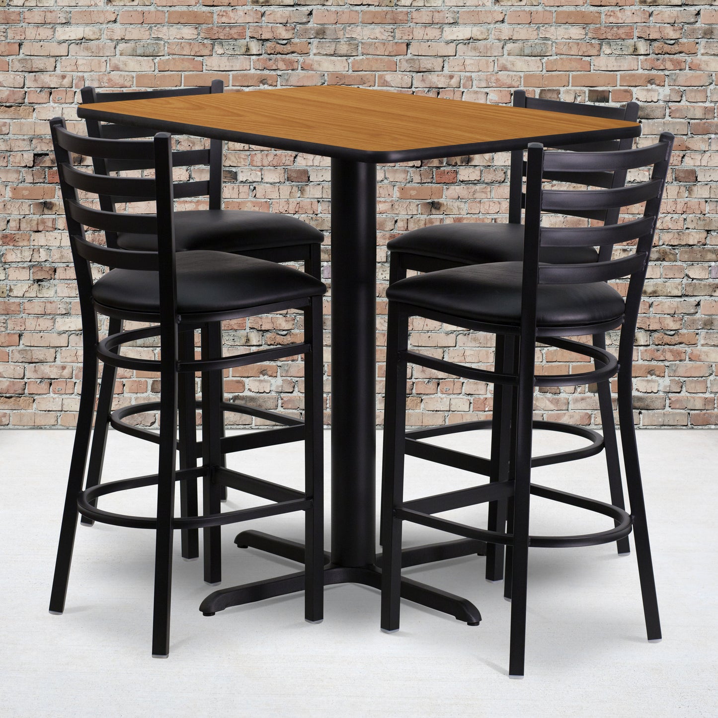 Carlton 24''W x 42''L Rectangular Natural Laminate Table Set with 4 Ladder Back Metal Barstools - Black Vinyl Seat Natural Top/Black Vinyl Seat HDBF1019-GG