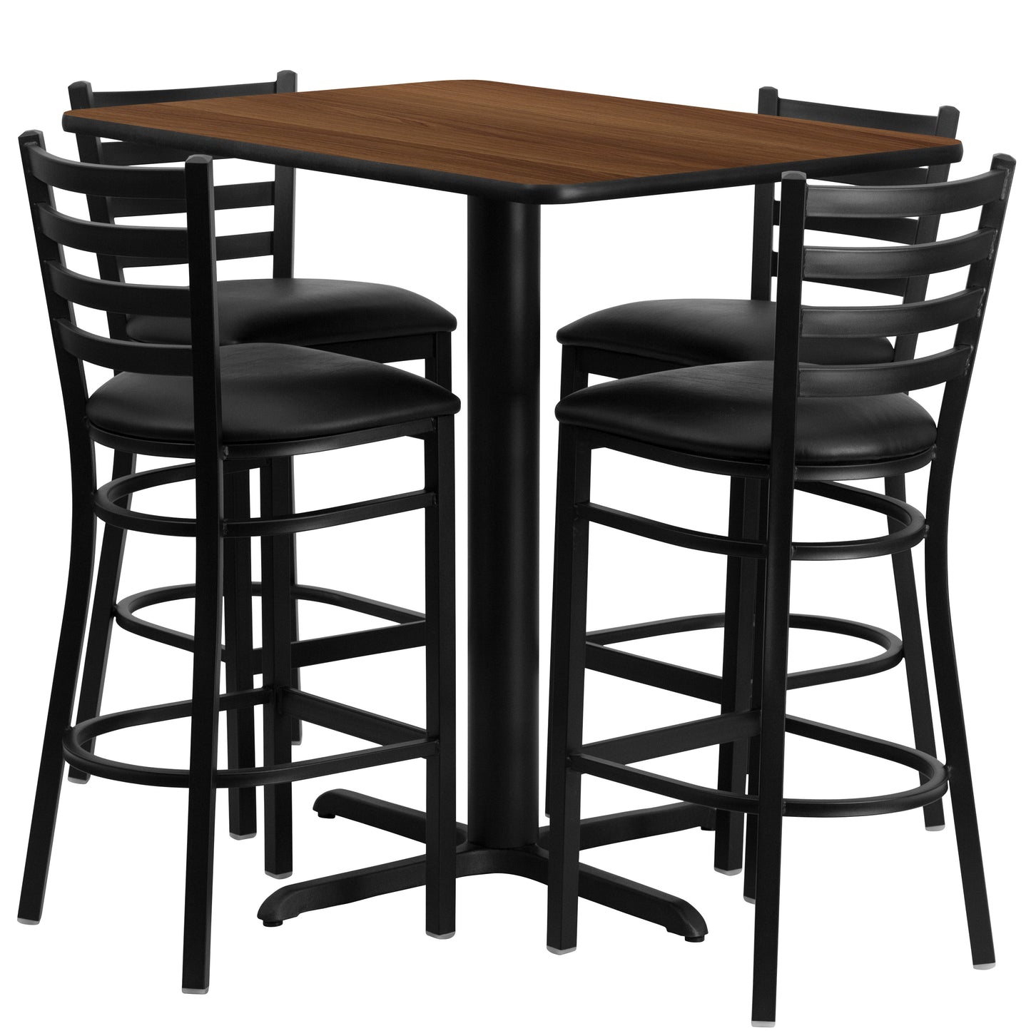 Carlton 24''W x 42''L Rectangular Walnut Laminate Table Set with 4 Ladder Back Metal Barstools - Black Vinyl Seat Walnut Top/Black Vinyl Seat HDBF1020-GG