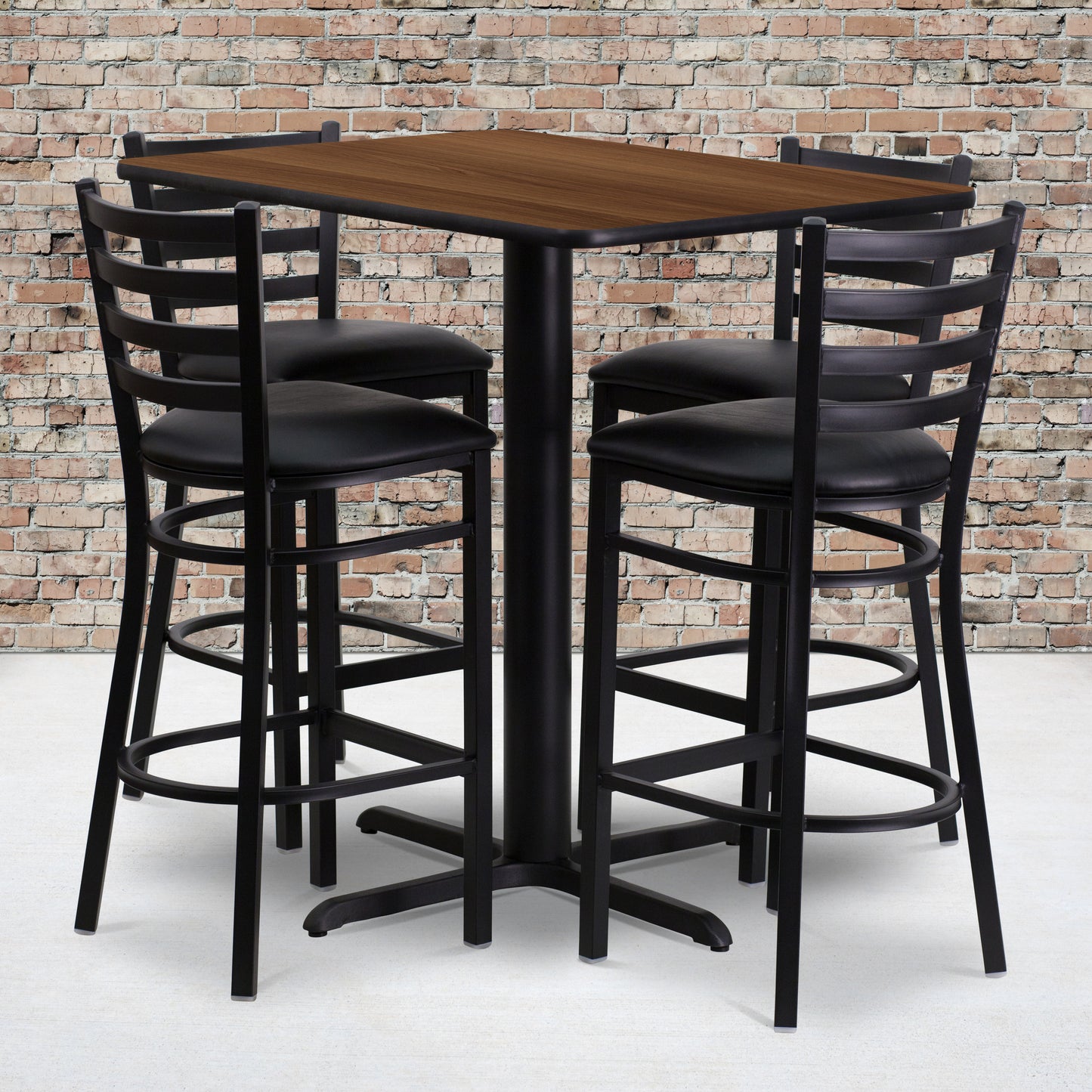 Carlton 24''W x 42''L Rectangular Walnut Laminate Table Set with 4 Ladder Back Metal Barstools - Black Vinyl Seat Walnut Top/Black Vinyl Seat HDBF1020-GG
