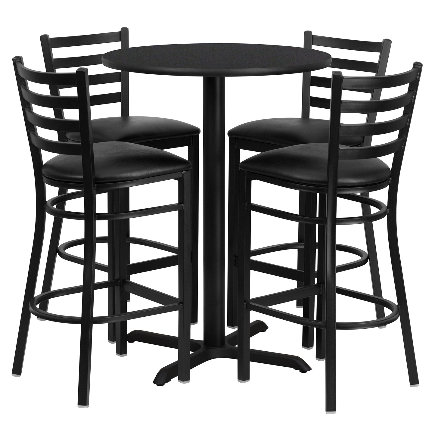 Carlton 30'' Round Black Laminate Table Set with X-Base and 4 Ladder Back Metal Barstools - Black Vinyl Seat Black Top/Black Vinyl Seat